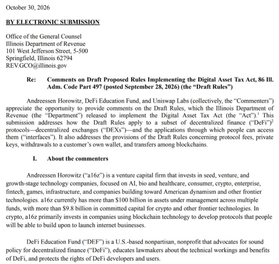 Illinois Department of Revenue crypto tax draft rules letter, Oct 30, 2026 Illinois Crypto Tax draft rules letter to Revenue Dept, Oct 30, 2026