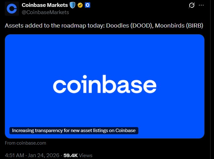 Coinbase Adds Moonbirds (BIRB) to Asset Listing Roadmap.