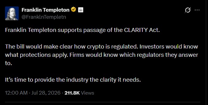Franklin Templeton Publicly Supports the CLARITY Act