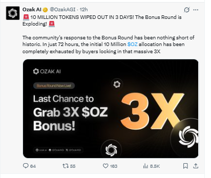 Ozak AI bonus round update with 3X OZ token offer