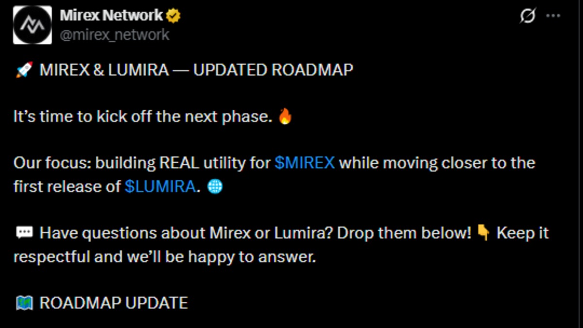 Mirex Network Roadmap Update official X post Mirex Network Roadmap Update official X post