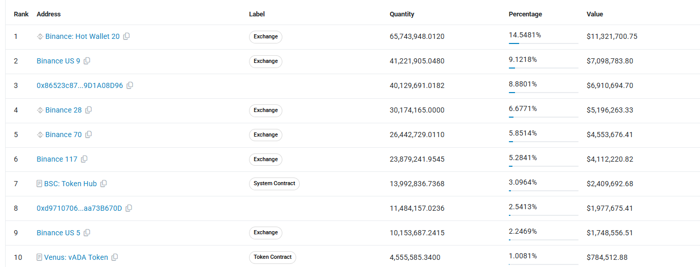 cardano top10 holders