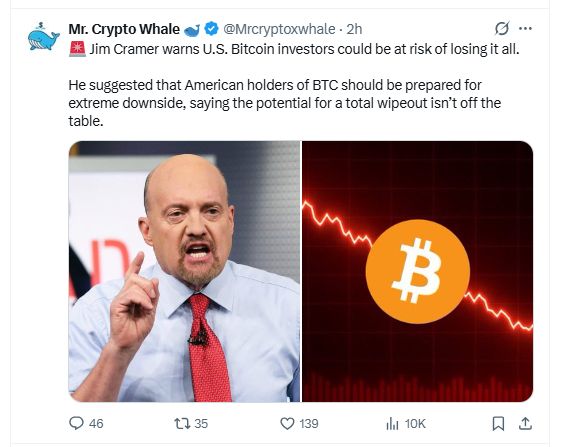 Jim Cramer warning about Bitcoin downside risk amid market fear Jim Cramer warning about Bitcoin downside risk amid market fear