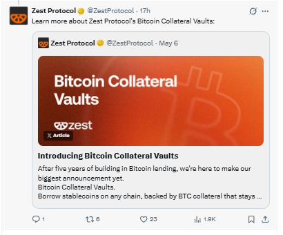 Zest Protocol Bitcoin Collateral Vaults announcement BTC lending stablecoins Zest Protocol Bitcoin Collateral Vaults announcement BTC lending stablecoins