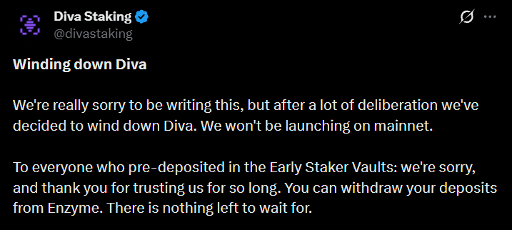 Diva Staking Shutdown