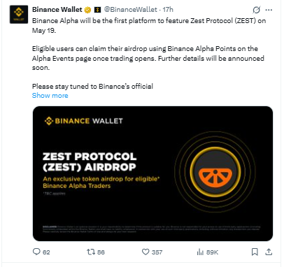 ZEST prodtocol Binance alpha airdrop