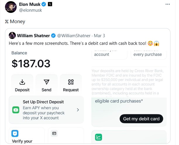 Elon Shares X Money Cash Back Feature