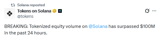 Solana Tokenised volume hits 100M Solana Tokenised volume hits 100M