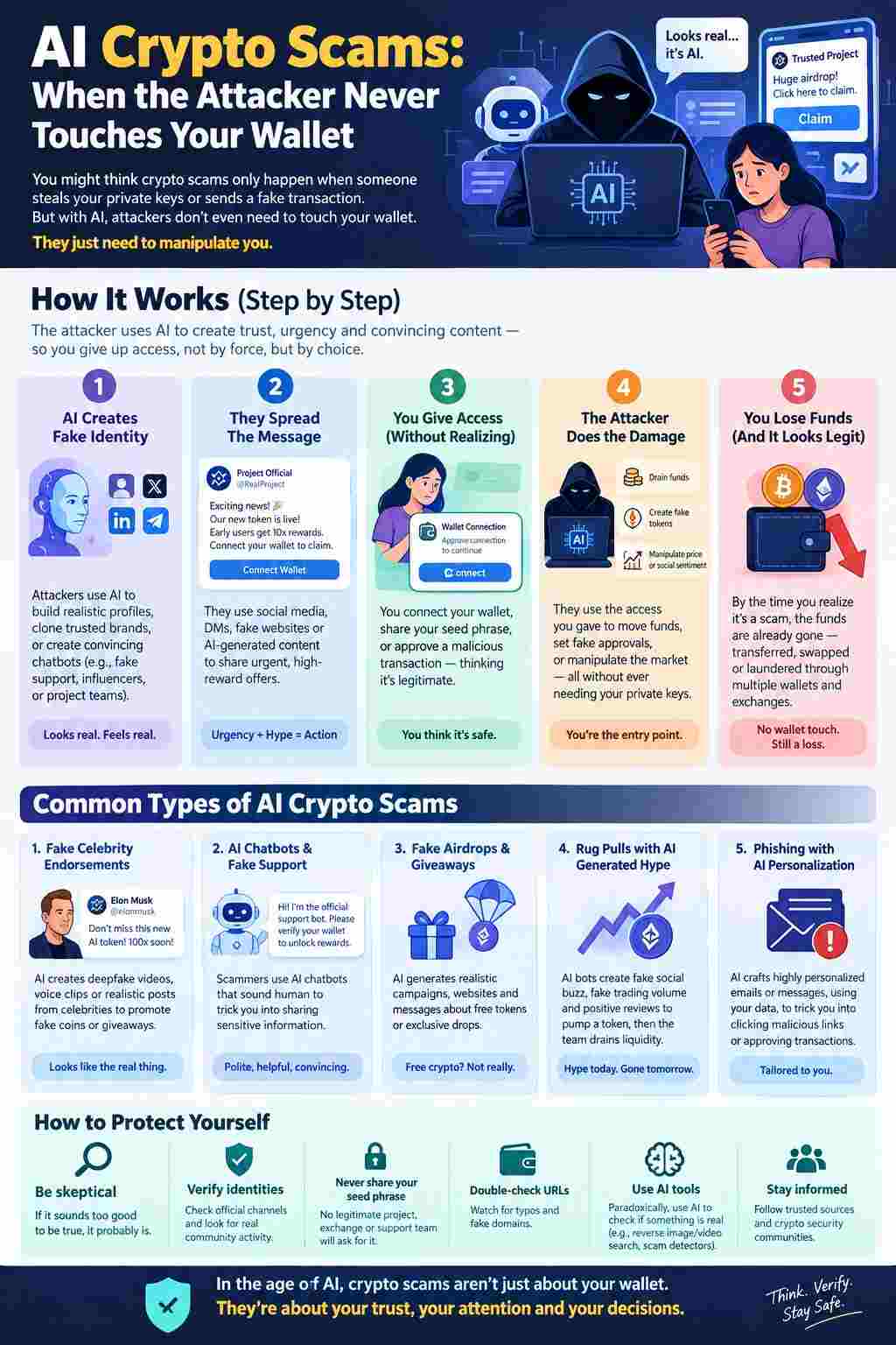 AI crypto scams infographic Infographic explaining how AI crypto scams work and their warning signs
