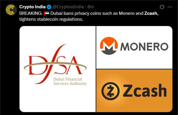 Dubai ban ZEC and Monero $XMR