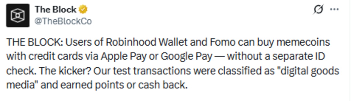  buy memecoins with credit card the block x post 