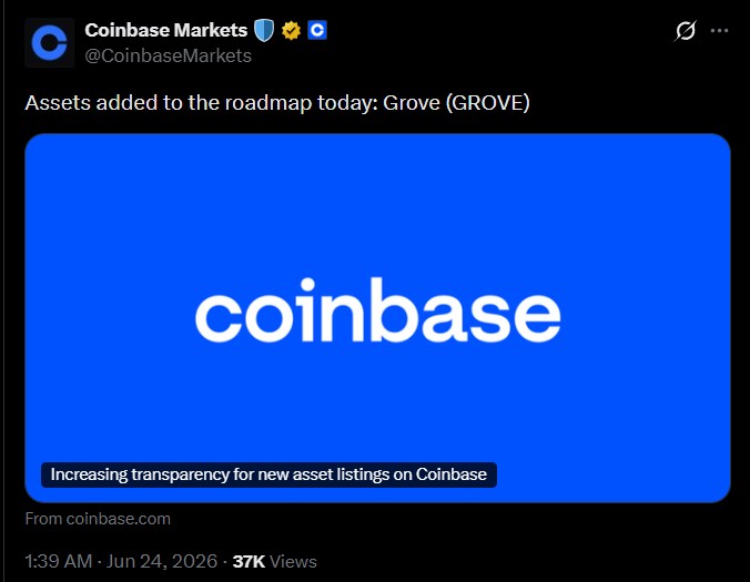 Coinbase Listing Roadmap Adds GROVE Coinbase Listing Roadmap Adds GROVE