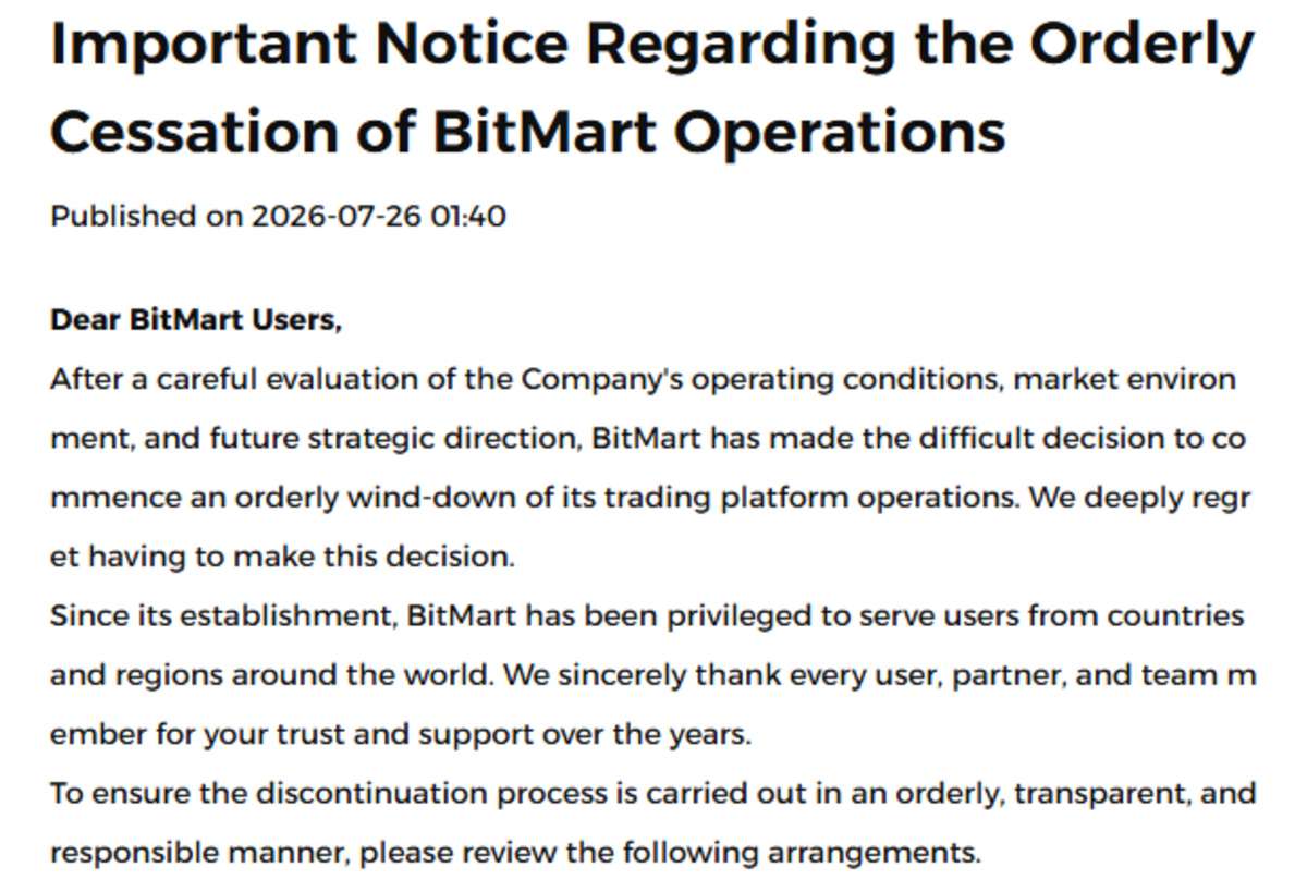 Official Bitmart announcement screenshot about shutdown with all details