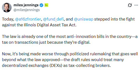 Miles Jennings post on Illinois crypto tax rules treating DEXs as brokers Miles Jennings post on Illinois Crypto Tax rules treating DEXs as brokers