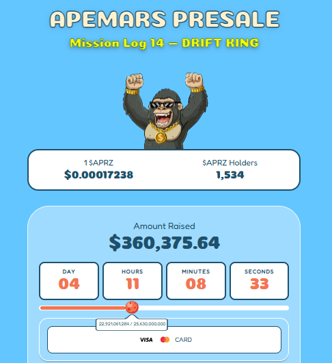 APEMARS Presale Update 360,375 dollars raised and Stage 14 price.