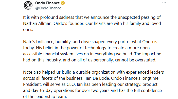 Ondo Finance Founder Passed Away