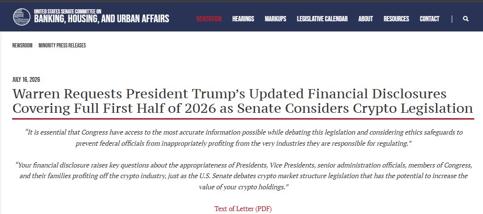 Elizabeth Warren requests updated Trump crypto financial disclosure Elizabeth Warren requests updated Trump crypto financial disclosure