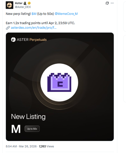 Aster DEX listing image showing MemeCore ($M) perpetual trading support with up to 50x leverage
