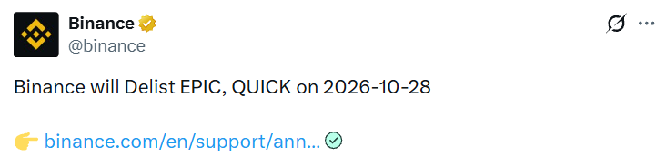 Binance delisting announcement