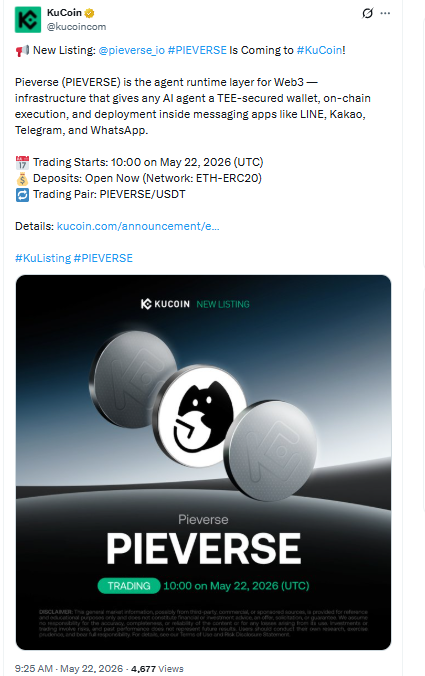 Piverse Kucoin lisiting tweet