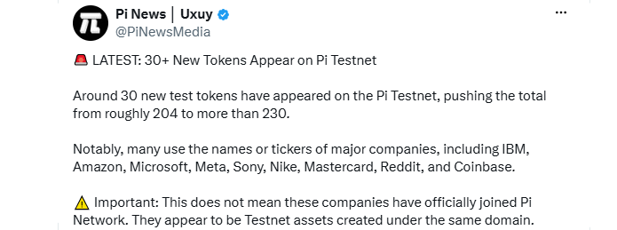 New tokens on Pi testnet