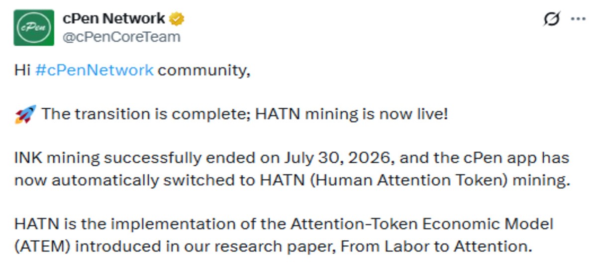 official x post screenshot of INK token and HATN token announcement 