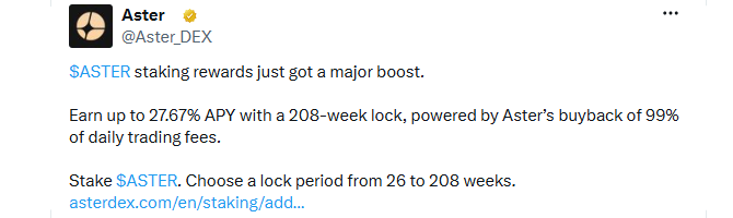 Aster DEX staking rewards reached 27.67% Aster DEX staking rewards reached 27.67%
