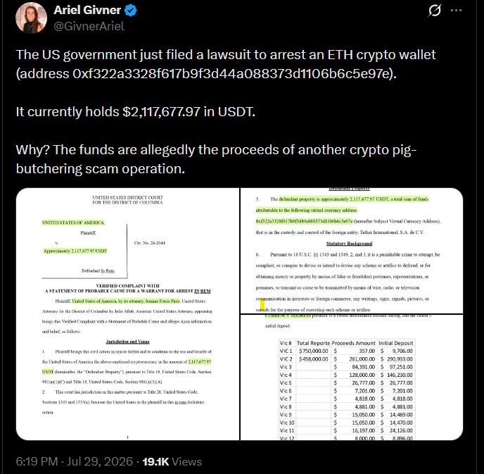 US Government Seeks $2.11M USDT Seizure From Ethereum Wallet