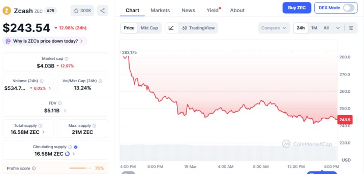 Zcash (ZEC) price chart showing drop after recent rally