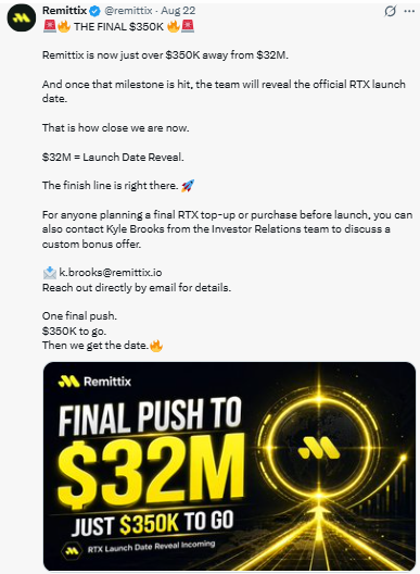 Remittix is roughly $350K away from $32M Remittix is roughly $350K away from $32M