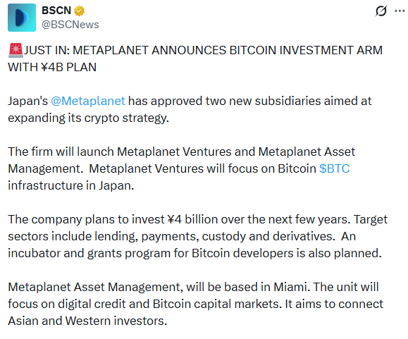 Metaplanet announces bitcoin investment