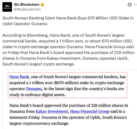 South Korean Banking Giant Hana Bank Buys 670 Million