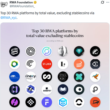 Top 30 RWA blockchain platforms by total value