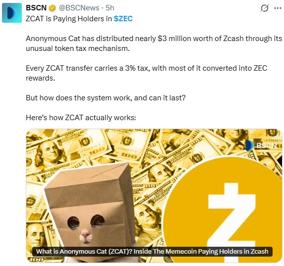 ZCAT Memecoin Rewards Holders in ZEC