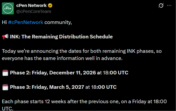 INK token distribution update X post INK token distribution update X post