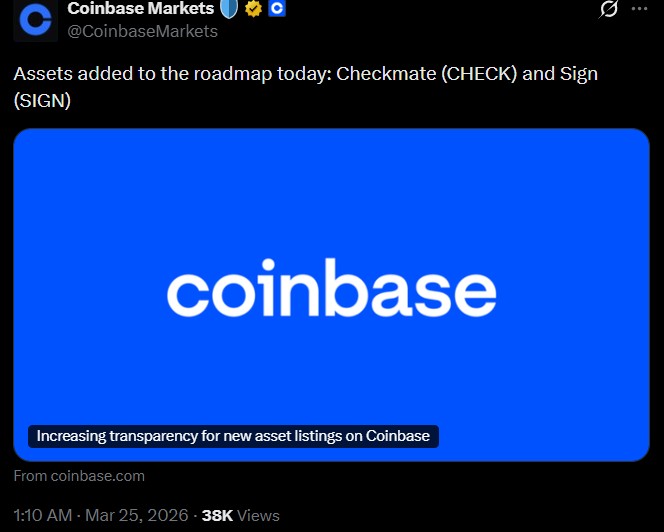Coinbase listing roadmap announcement Check and SIGN