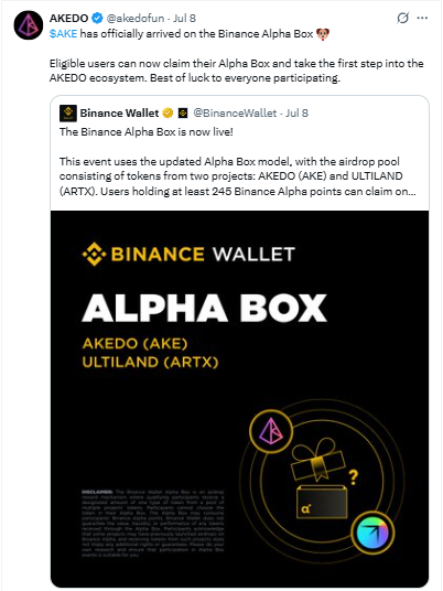 AKEDO announces AKE token listing on the Binance Alpha Box airdrop