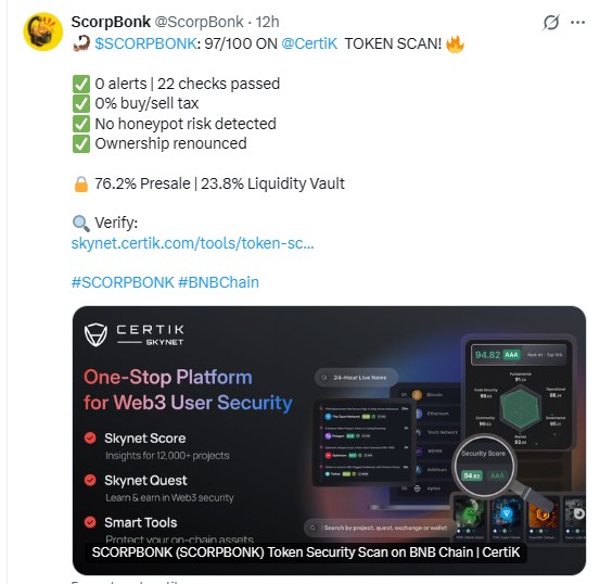 CertiK Scan Lands on $SCORPBONK CertiK Scan Lands on $SCORPBONK