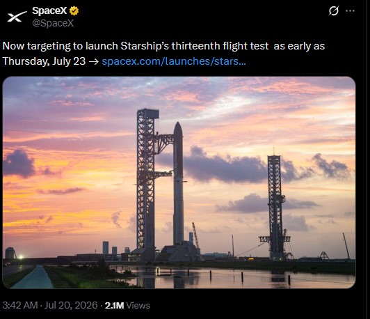 A clean Starship flight test on July 23
