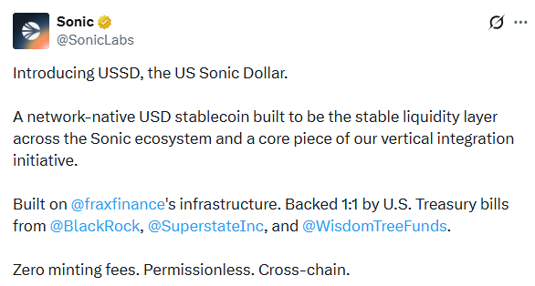 Sonic Labs USSD stablecoin backed by US Treasury assets for DeFi liquidity