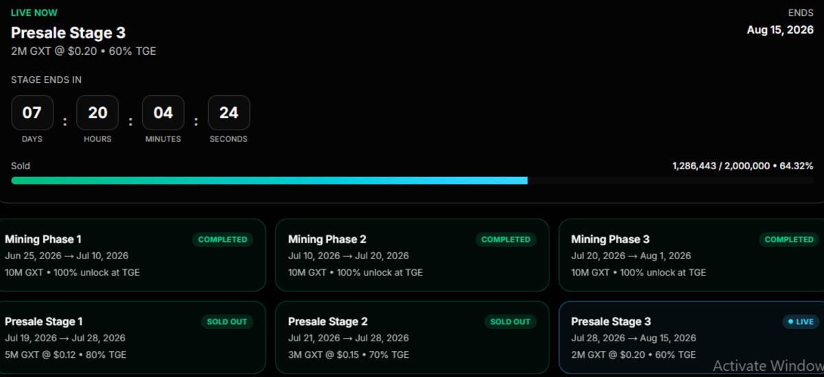 Official GXT exchange roadmap screenshot showing live presale details