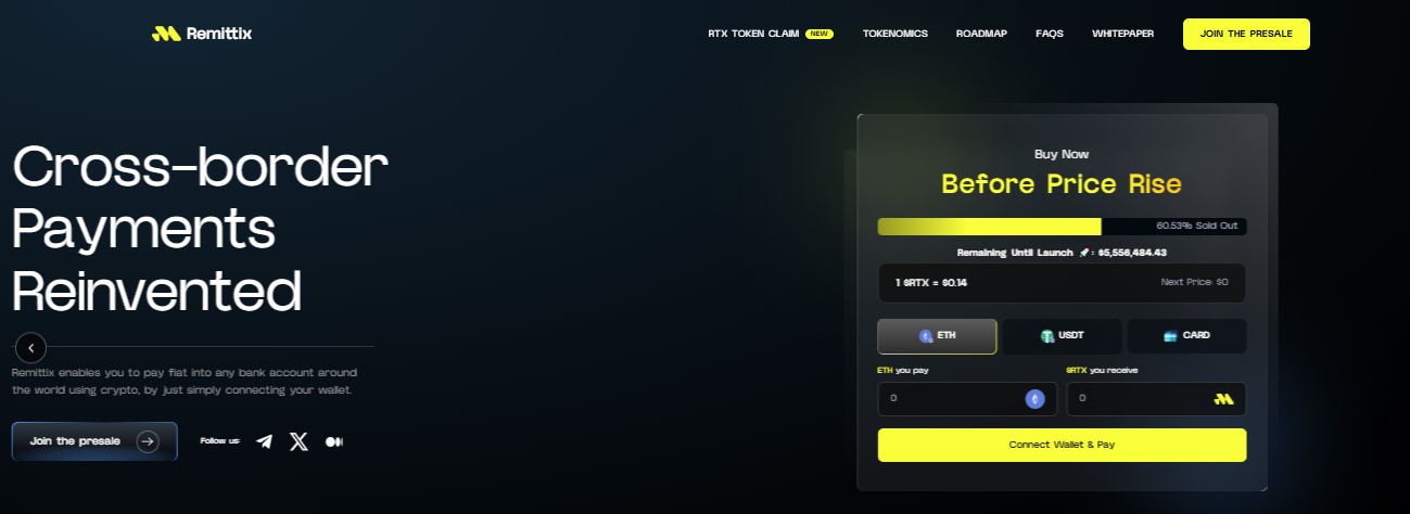 Remittix RTX presale dashboard at $0.14