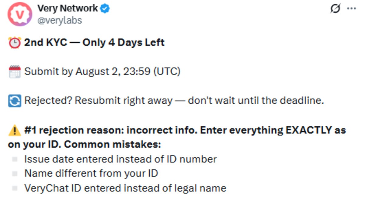 Very Network official post screenshot of kyc update Very Network official post screenshot of kyc update
