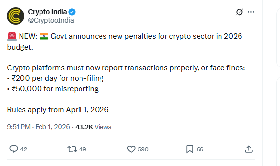 t: Ethereum Price Prediction 2026 after Budget 2026 crypto tax penalties in India