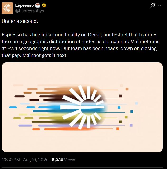 Espresso Testnet Reaches 0.24 Seconds Espresso Testnet Reaches 0.24 Seconds