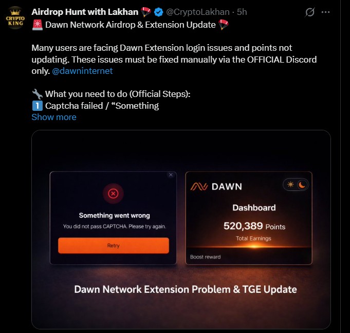 Dawn Network Airdrop Extension Users Facing Login and Points Issues