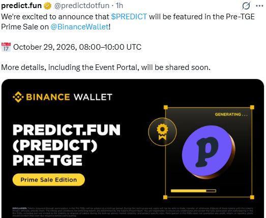 Predict. fun token airdrop graphic showing 70M PREDICT and Pre-TGE Prime Sale 