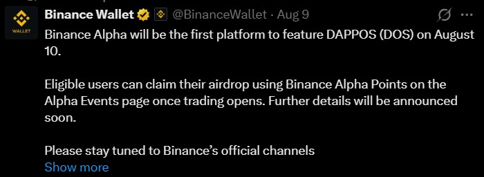 DAPPOS Token Launch Also Reaches Binance Alpha DAPPOS Token Launch Also Reaches Binance Alpha