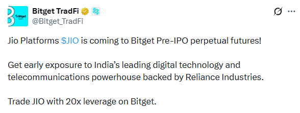 Jio pre-IPO perpetual futures banner on Bitget with 20x leverage
