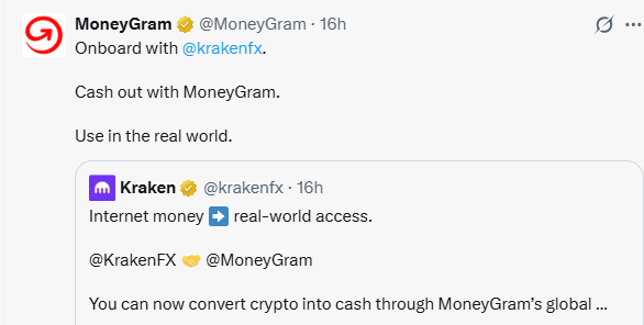 moneygram tweet for teamup with  kraken